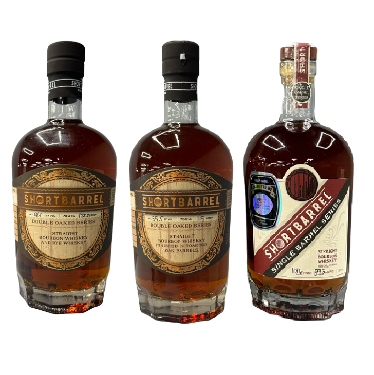 Shortbarrel Double Oaked Rye 122.2 Proof & Shortbarrel Double Oaked Bourban Batch #1 119 Proof & Shortbarrel Single Barrel Series 118.6 Proof 750ML Combo